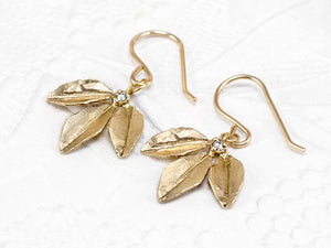 Diamond leaf earrings, gold dangle earrings