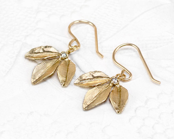 Diamond leaf earrings, gold dangle earrings