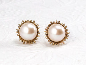 Handmade, gold pearl stud earrings