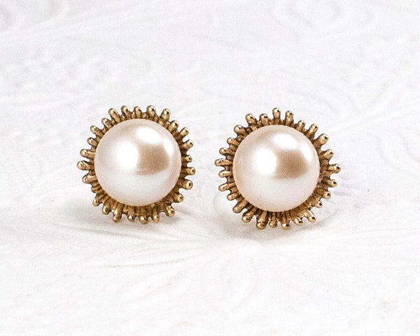 Handmade, gold pearl stud earrings