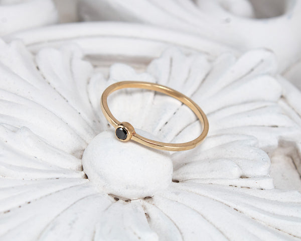 Small black diamond stacking ring, solid gold ring
