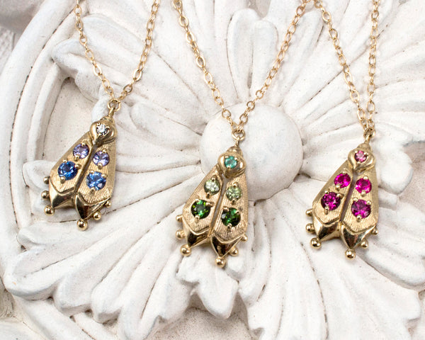Gold firefly jewelry, handmade beetle necklace, front view