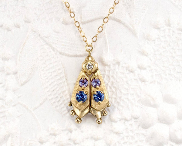 solid gold firefly jewelry, handmade beetle necklace with blue gemstones