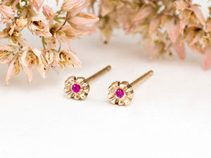 Solid 14k gold, tiny flower stud earrings with rubies
