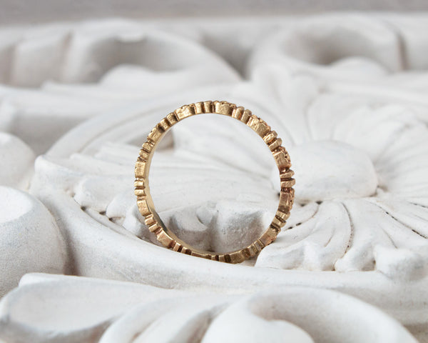 solid 14k gold, floral wedding band, side details