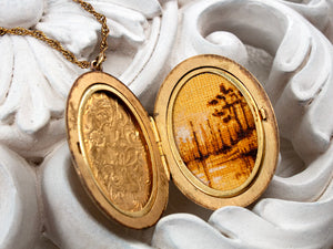 Gold-filled vintage locket necklace with landscape painting