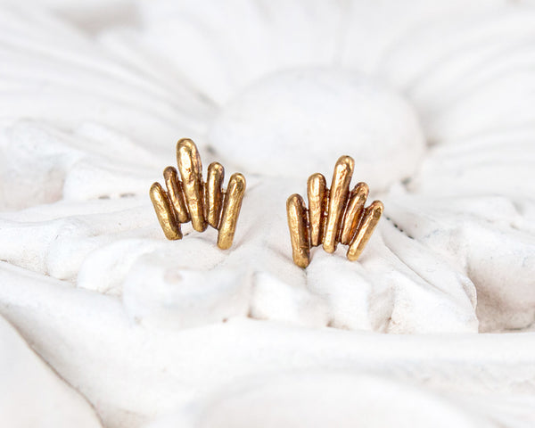 Unique, gold vermeil stud earrings, front view