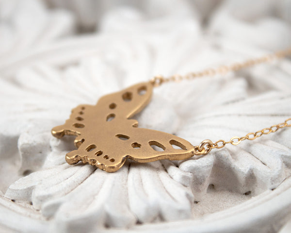 Reverse side of gold vermeil butterfly necklace, handmade jewelry