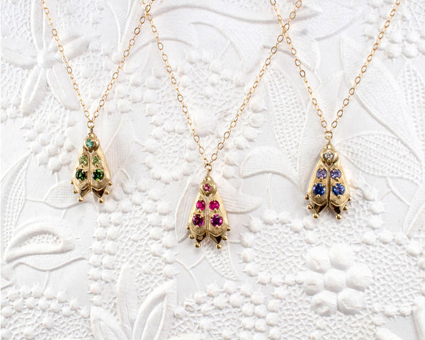 solid gold firefly jewelry, handmade beetle necklaces