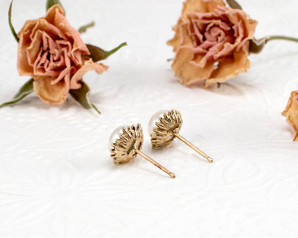 handmade 14k gold pearl earrings, back view