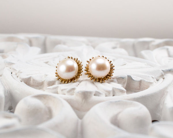 Handmade, gold pearl stud earrings