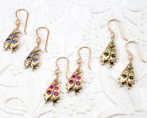 Handmade firefly jewelry, solid gold earrings with colorful gemstones