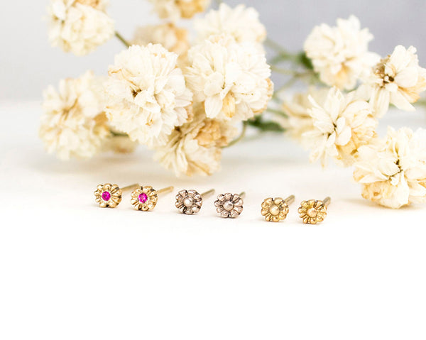 Solid 14k gold, tiny flower stud earrings