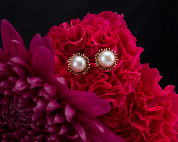 Handmade, gold pearl stud earrings