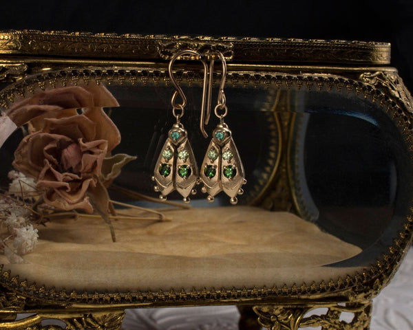 Handmade firefly jewelry, solid gold earrings with green gemstones