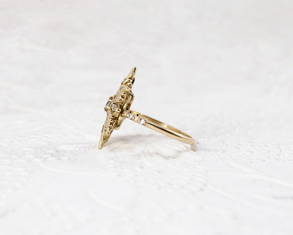 Side view of celestial star ring, handmade artisan jewelry