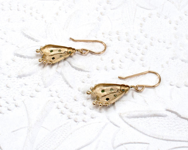 Handmade firefly jewelry, solid gold earrings, back view