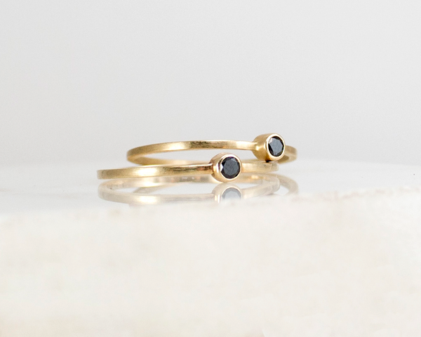 Small black diamond stacking rings, solid gold rings