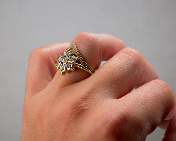 Curved wedding band, Gold and diamond V Ring