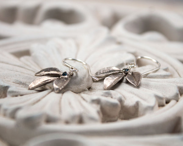 Sterling silver leaf earrings, side view