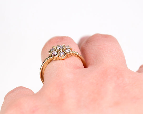 Snowflake inspired diamond cluster ring, modeled