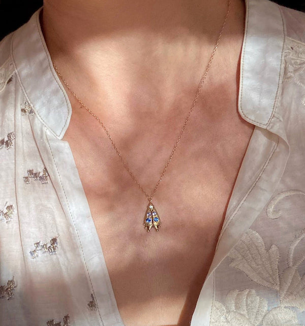 solid gold firefly jewelry, handmade beetle necklace, modeled