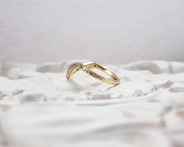 Curved wedding band, Gold and diamond V Ring