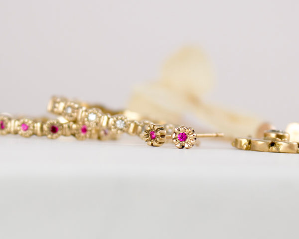 Solid 14k gold, tiny flower stud earrings with rubies