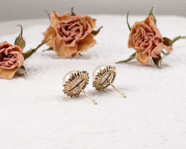 Handmade, gold pearl stud earrings, back view