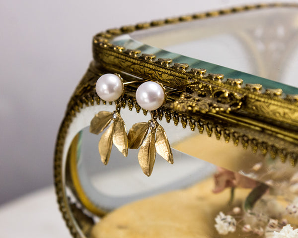 Gold pearl drop earrings, wedding jewelry