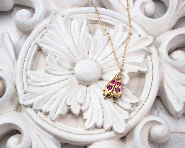 solid gold firefly jewelry, handmade beetle necklace with pink gemstones