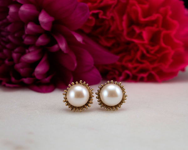 Handmade, gold pearl stud earrings