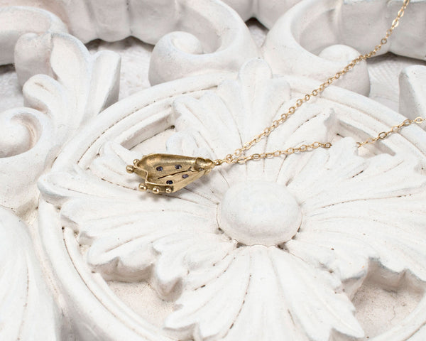 solid gold firefly jewelry, handmade beetle necklace, back view