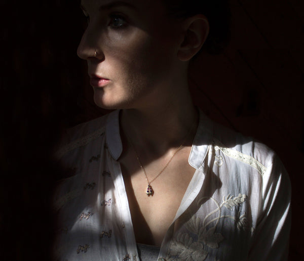 solid gold firefly jewelry, handmade beetle necklace, modeled
