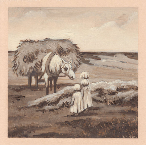 A sepia-toned painting depicting a horse carrying a large bundle of hay beside three small children