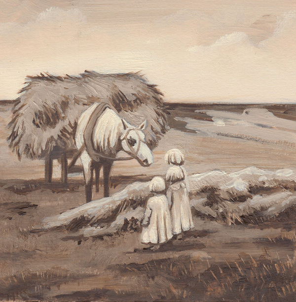 A sepia-toned painting depicting a horse carrying a large bundle of hay beside three small children