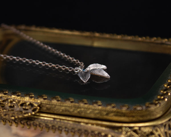 Sterling silver leaf necklace, side view