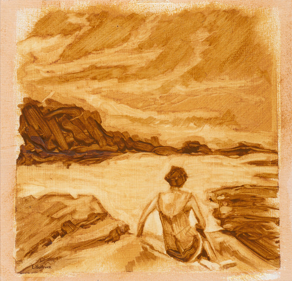 A sepia-toned painting of a person sitting on rocks by the water, with rocky shoreline and a cloudy sky in warm brown and beige hues.