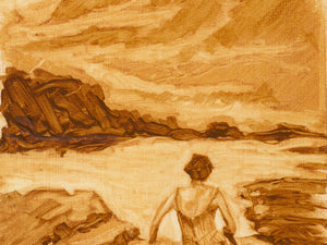 An impressionistic painting of a coastal landscape rendered in warm sepia and ochre tones, featuring a seated figure on rocks by the water with dramatic clouds above.