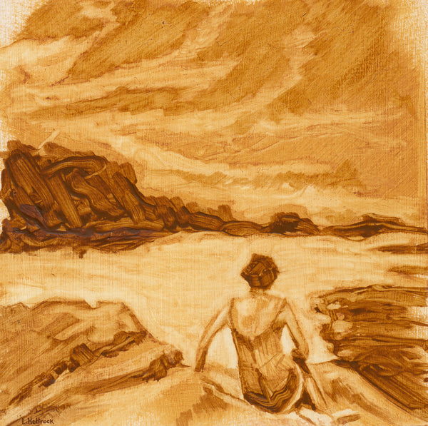 An impressionistic painting of a coastal landscape rendered in warm sepia and ochre tones, featuring a seated figure on rocks by the water with dramatic clouds above.