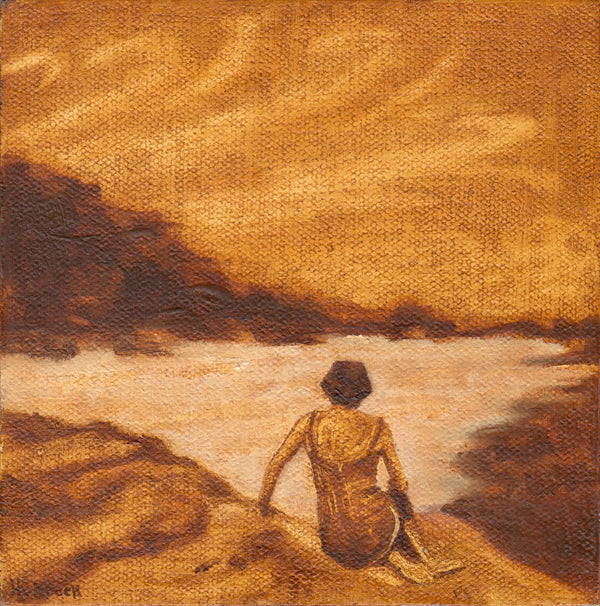 An oil painting depicting a figure sitting on a rocky shore, looking out over a calm body of water toward a hazy, golden sky. The artwork is rendered in warm earthy tones of ochre, brown, and beige, with a visible canvas texture.