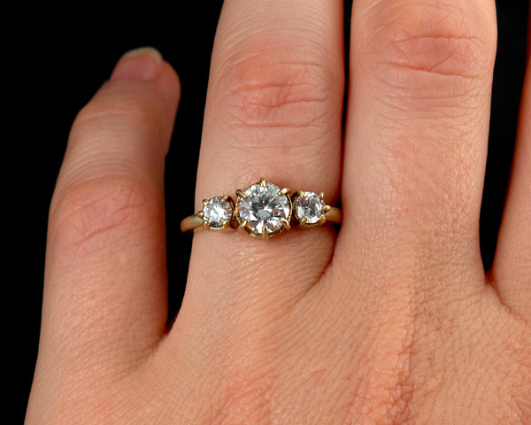 Handcrafted, three stone engagement ring