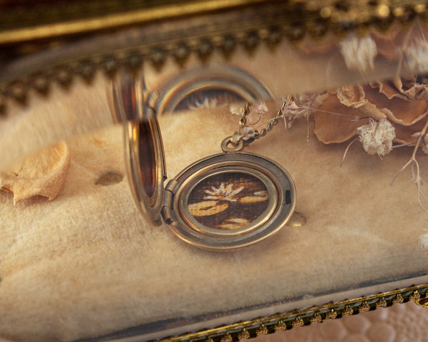 Gold-filled vintage locket necklace with lily pads