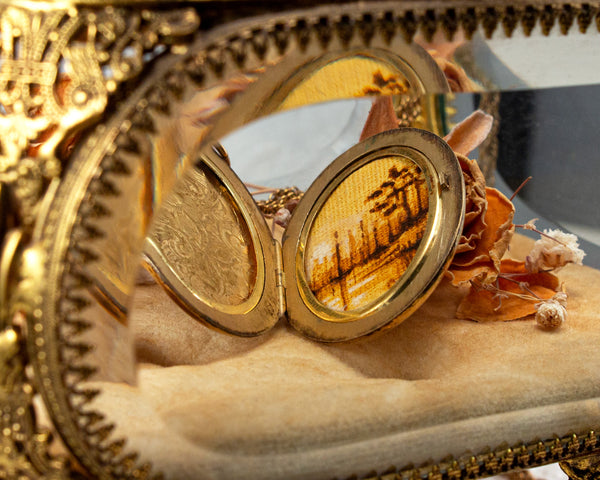 Gold-filled vintage locket necklace with landscape painting