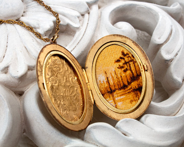 Gold-filled vintage locket necklace with landscape painting