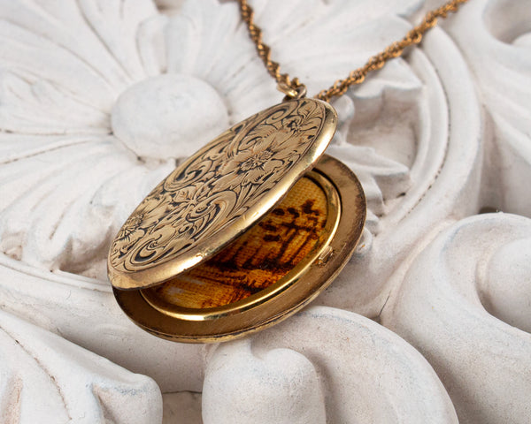 Gold-filled vintage locket necklace with landscape painting
