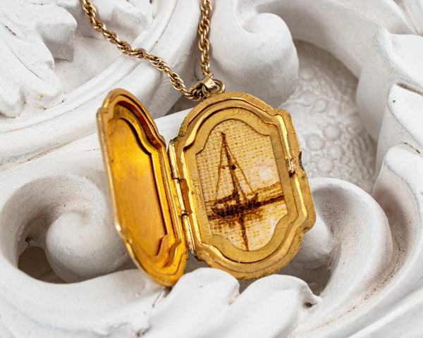Gold-filled vintage locket necklace with sailboat