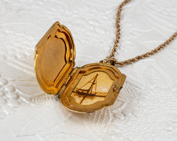 Gold-filled vintage locket necklace with sailboat
