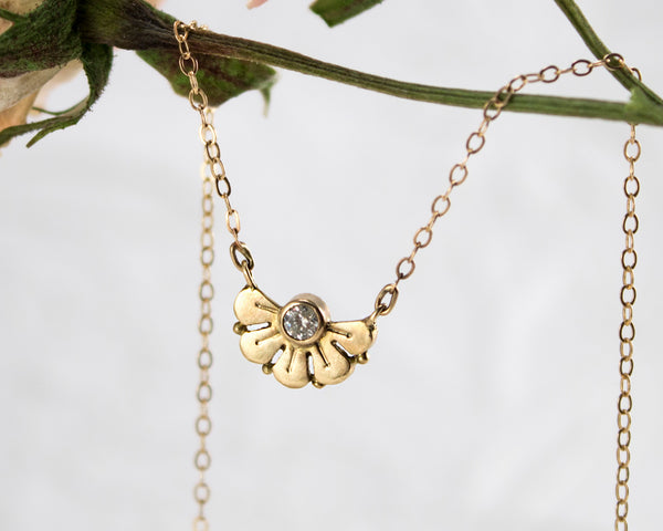 Petal Necklace with Bezeled Diamond - Solid 14K