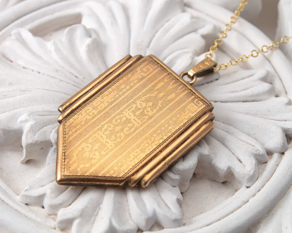 Vintage gold locket necklace textured engraving